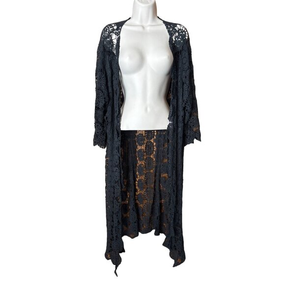Black MOSSIMO Womens 100% Cotton Lace Boho Crochet Duster Open Cardigan M/L - Picture 1 of 8